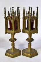 A pair of 19th century continental ecclesiastical gothic altar / table reliquaries, of hexagonal