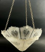 An early 20th century frosted cut glass hanging light shade, 35cm diameter