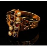 Unusual yellow metal garnet coloured paste and seed pearl ring with pierced detail, size N/O, 1.8g