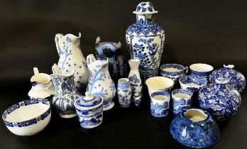 A collection of 19th century and later blue and white ware including willow pattern example,