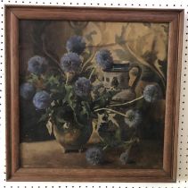 20th Century British School - Still life with a jug and vase of thistles, unsigned, oil on board, 40