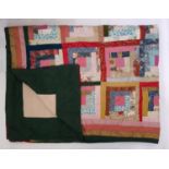 Vintage patchwork quilt, machine stitched in log cabin style, lined and padded 215 x 275cm