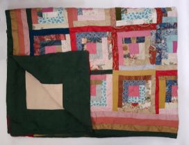 Vintage patchwork quilt, machine stitched in log cabin style, lined and padded 215 x 275cm