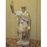 An antique cast iron figure of a Roman character one foot upon a dove with traces of painted finish,