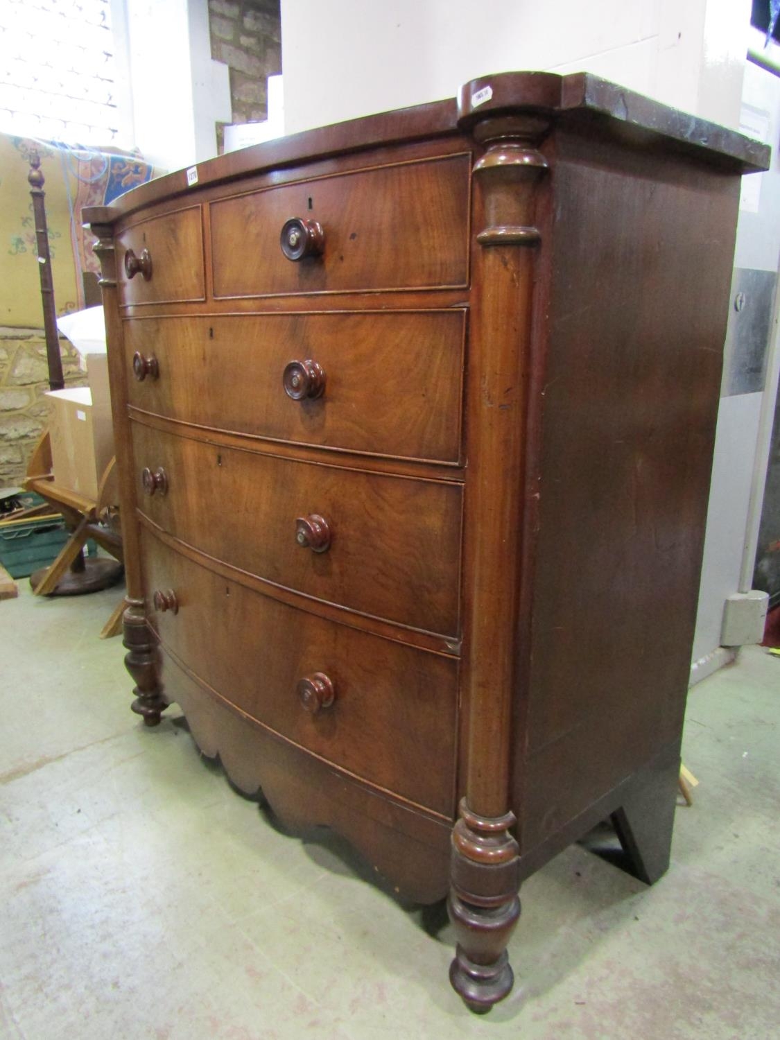 A Victorian mahogany bow front chest of three long and two short drawers with column supports, 128cm - Image 3 of 5