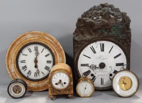A mixed groups of clocks and barometers to include a large vineyard clock with enamelled dial, a