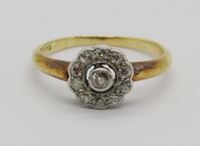 Early 20th century 18ct diamond daisy cluster ring, maker 'AH', size O, 2.8g