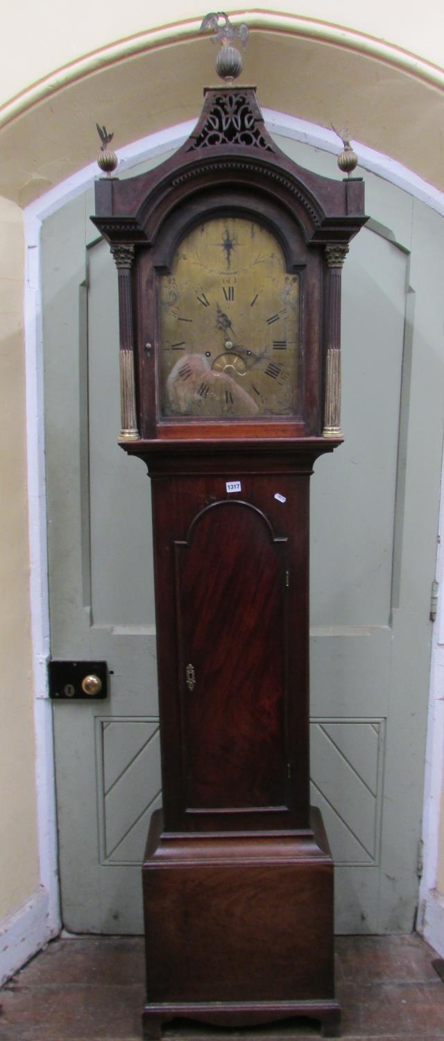 A Georgian mahogany longcase clock the pagoda hood with column supports, pierced fret and eagle