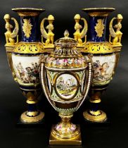 A pair of Empire style vases the main bodies in a blue and gilt colourway with painted panels