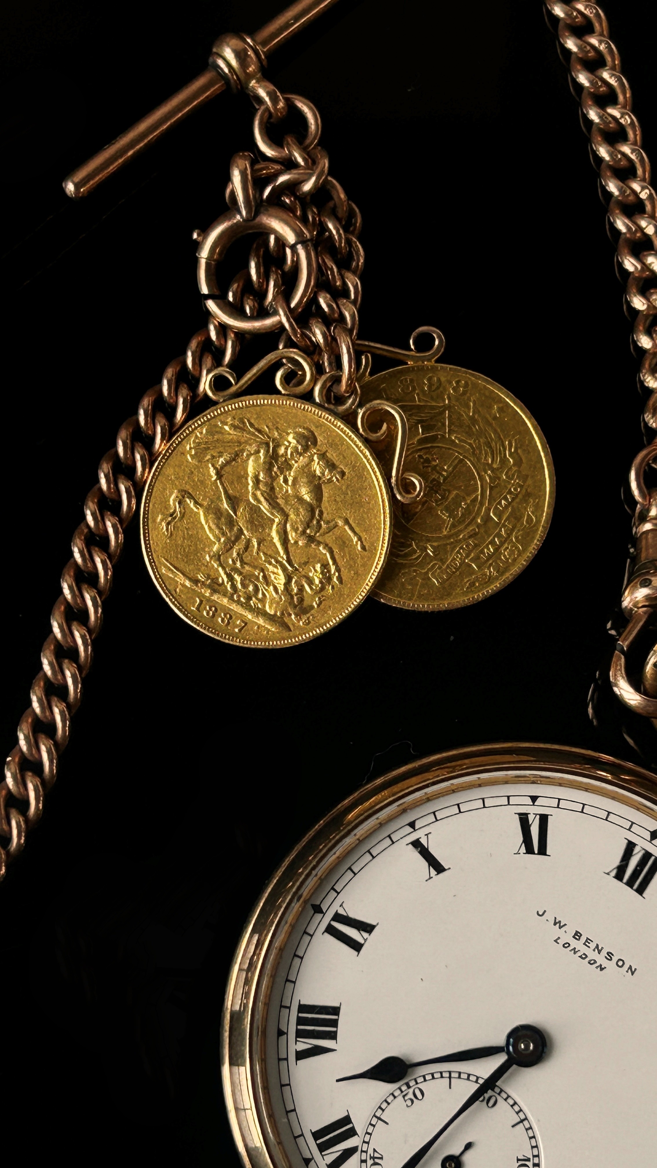 J.W Benson, London: A 9ct yellow gold cased fob watch, the white enamelled dial with black Roman - Image 2 of 8
