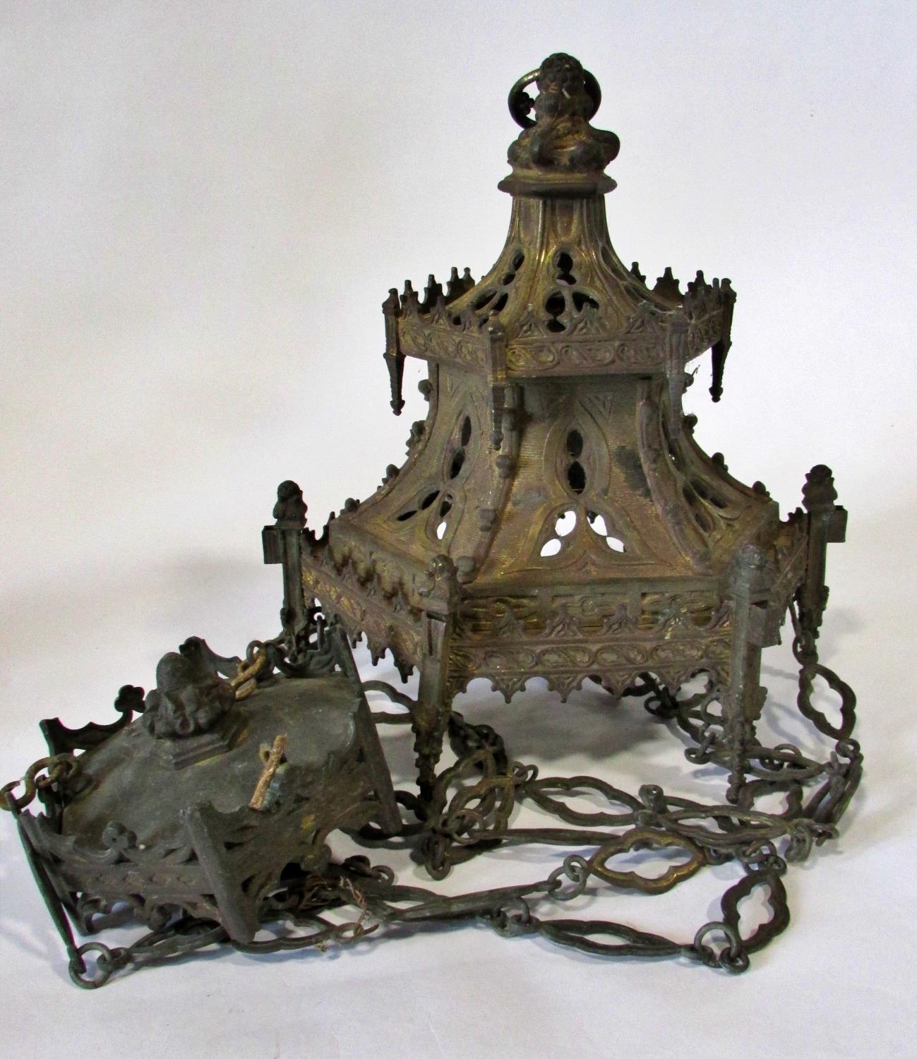 A large 19th century ecclesiastical / gothic gilt cast metal ceiling light, with pierced mounts - Image 2 of 4