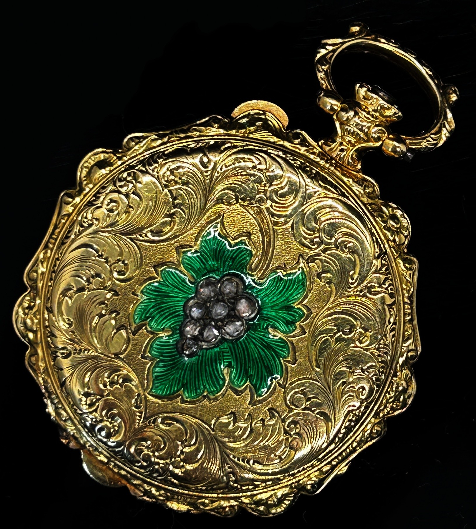 A Swiss 18ct yellow gold dress fob watch with green enamel vine detail and rose-cut diamond set - Image 3 of 4