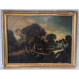 Late 19th French School - Landscape scene with figures crossing a bridge over a stream, oil on