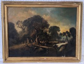 Late 19th French School - Landscape scene with figures crossing a bridge over a stream, oil on