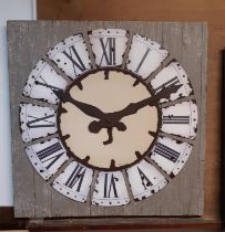 A large decorative contemporary clock dial on distressed oak panel, 120cm square