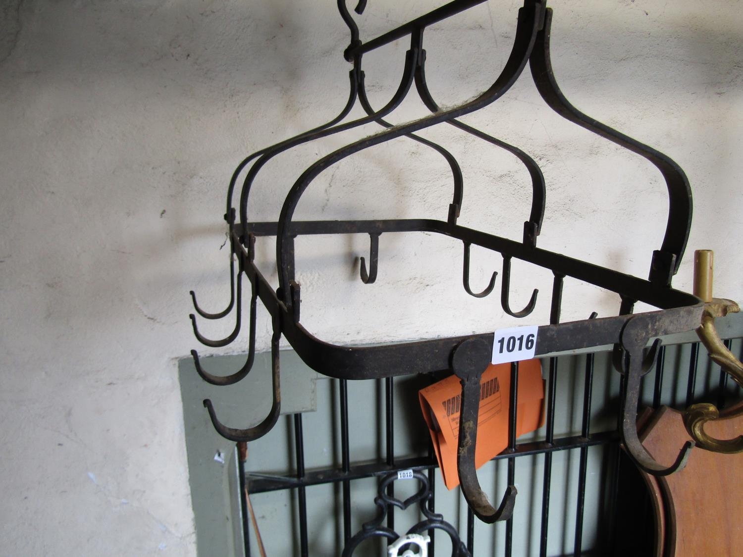 A vintage iron pot rack bearing twelve hooks with chain support 55cm long x 42cm wide approx - Image 2 of 2