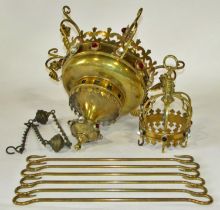 A decorative 19th century ecclesiastical polished brass ceiling pendant light, with crown surmount