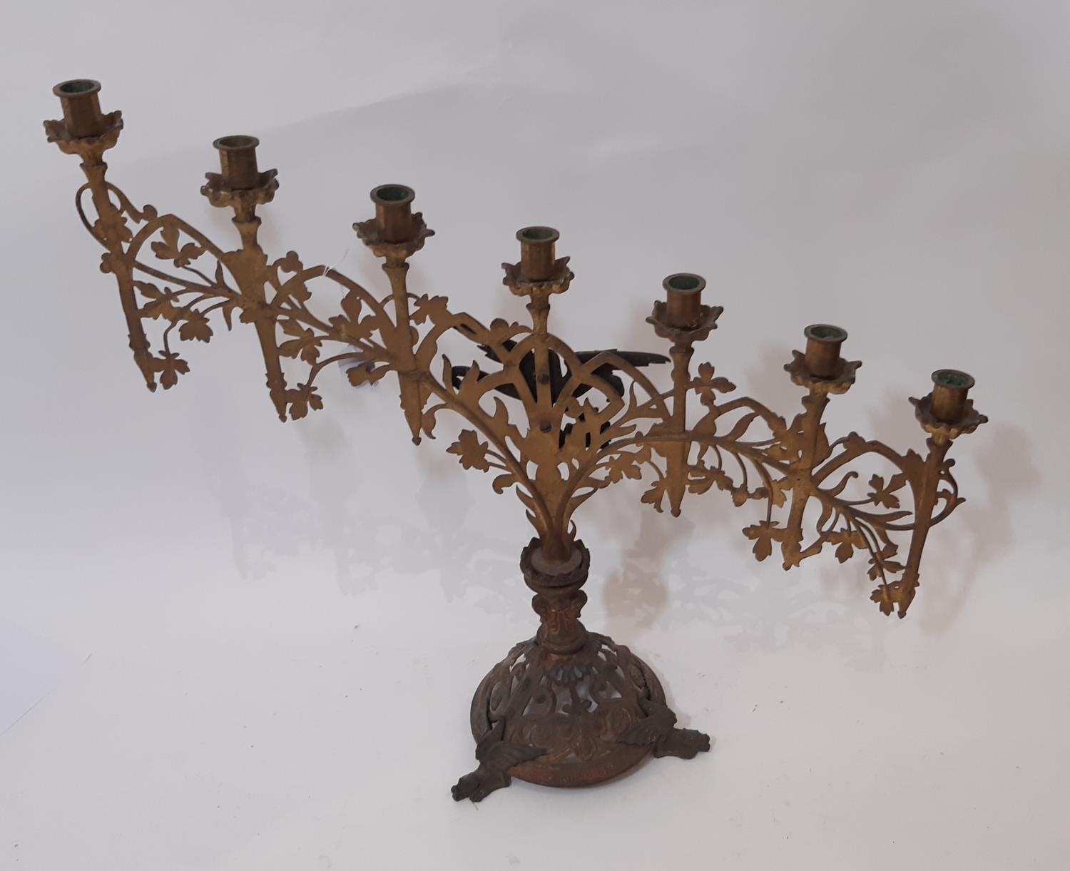 A pair of continental ecclesiastical gothic seven light candlesticks, of graduating form, with - Image 6 of 6