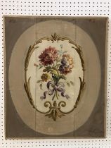 A French Aubusson painted panel, with a central floral spray and scrolling oval border, gouache on