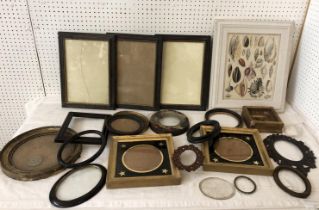 A quantity of period picture frames and a print to include: A German 19th century hand-coloured
