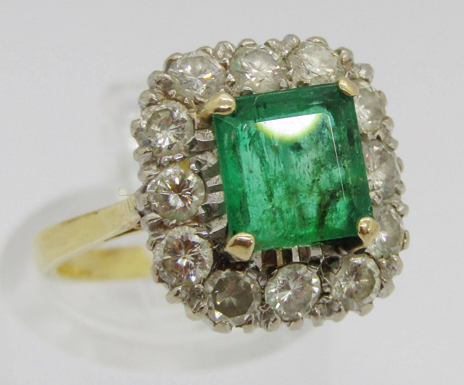 Mid 20th century 18ct emerald and diamond cluster ring, the emerald 7 x 7mm approx, size N, 5.3g ( - Image 2 of 8