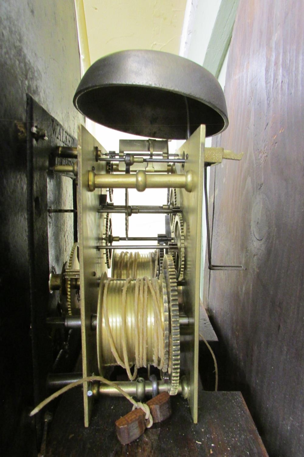 A 19th century oak longcase clock with heavy estate carving, the trunk detailing a knight fighting - Image 8 of 17