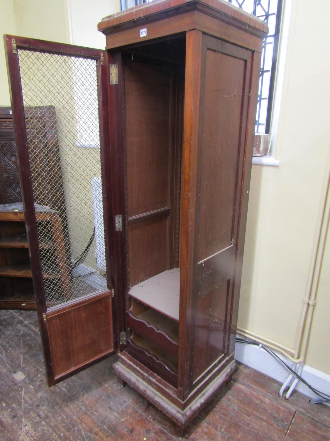 19th century cupboard of square cut tapering form enclosed by a brass grilled door, 50cm wide - Image 3 of 3