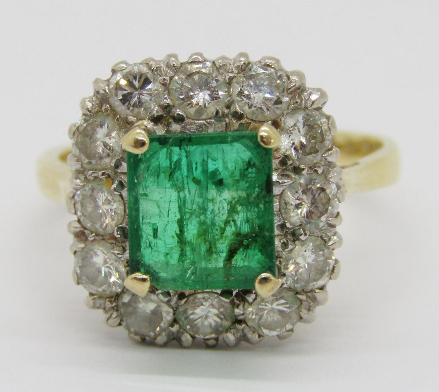 Mid 20th century 18ct emerald and diamond cluster ring, the emerald 7 x 7mm approx, size N, 5.3g ( - Image 3 of 8