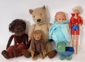 A mixed lot of vintage toys including a Chiltern type teddy bear with stitched nose and replaced paw