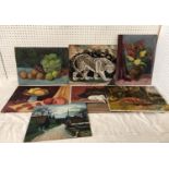 Seven 20th century studio paintings to include: Three still life studies signed J. Ball, each with
