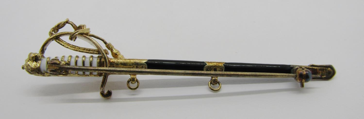 Silver gilt novelty Naval sword brooch, maker 'AMJ', London 1994, 6.3cm L approx, contained in a - Image 3 of 4