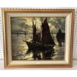 Paul-Henry Lafon - Two sailboats on the water at sunset, signed lower right, artist's label attached