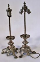 A good quality pair of 19th century French silver plated twin-light desk reading lamps / down