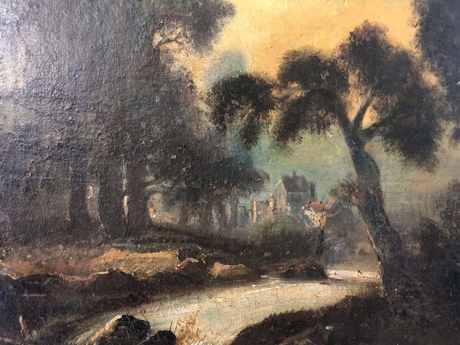 Late 19th French School - Landscape scene with figures crossing a bridge over a stream, oil on - Image 4 of 6
