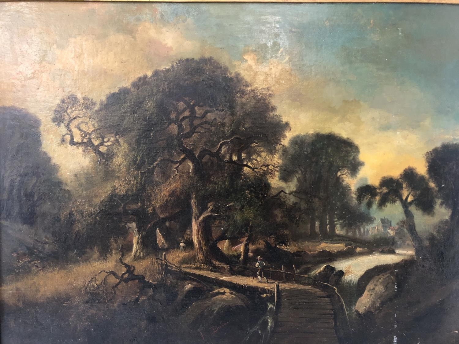 Late 19th French School - Landscape scene with figures crossing a bridge over a stream, oil on - Image 2 of 6