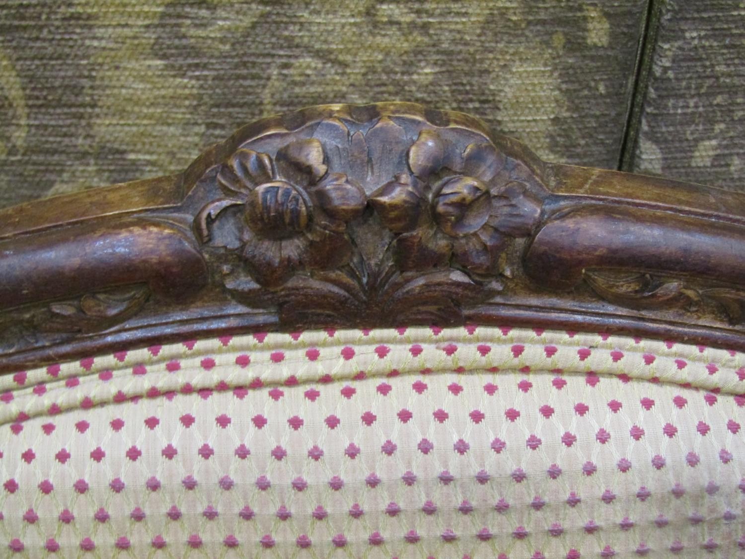 A pair of upholstered armchairs with carved show wood frames on cabriole supports - Image 3 of 9