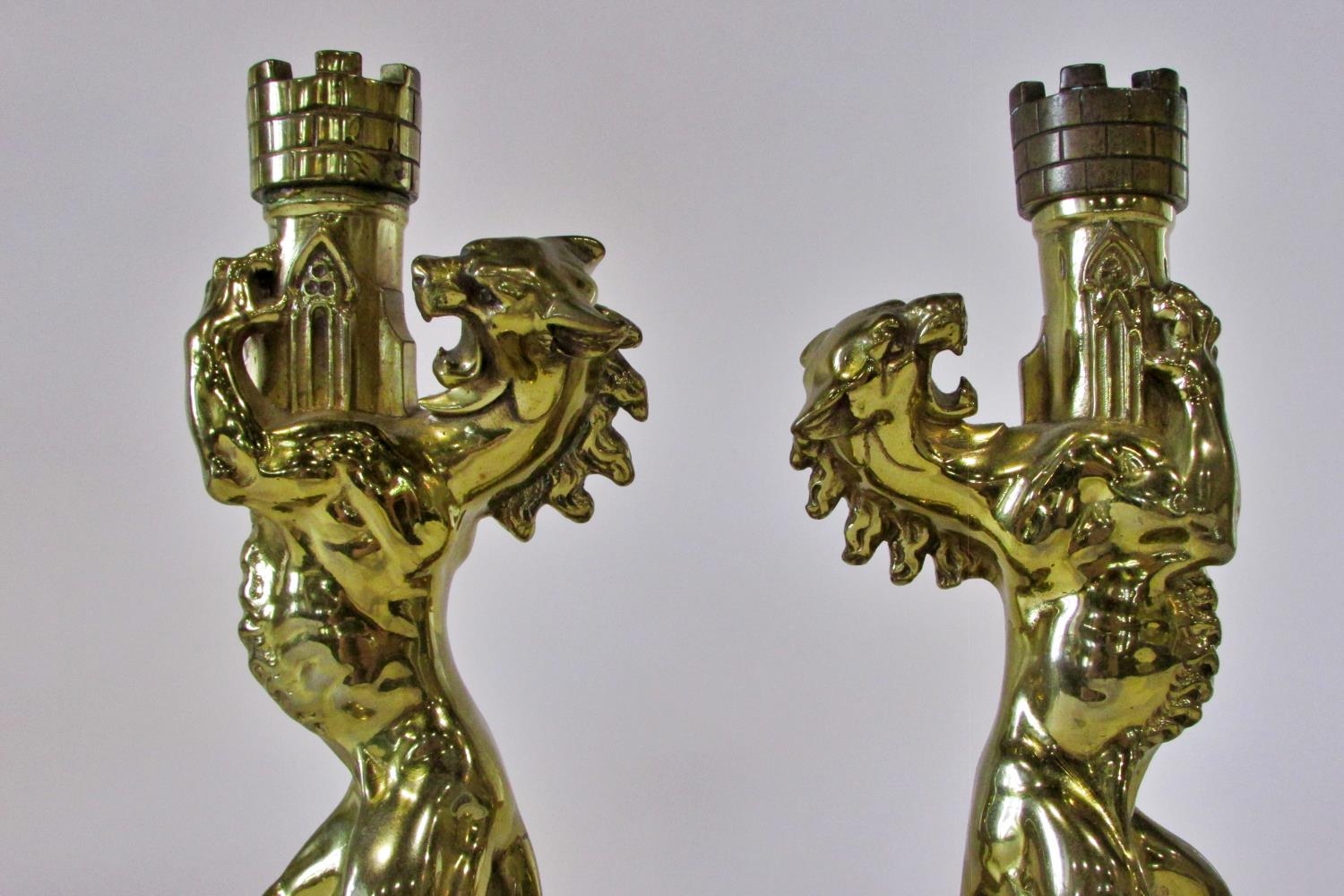 A good pair of heavy 19th century brass heraldic candlesticks, a symmetrical pair of Heraldic lions, - Image 4 of 5