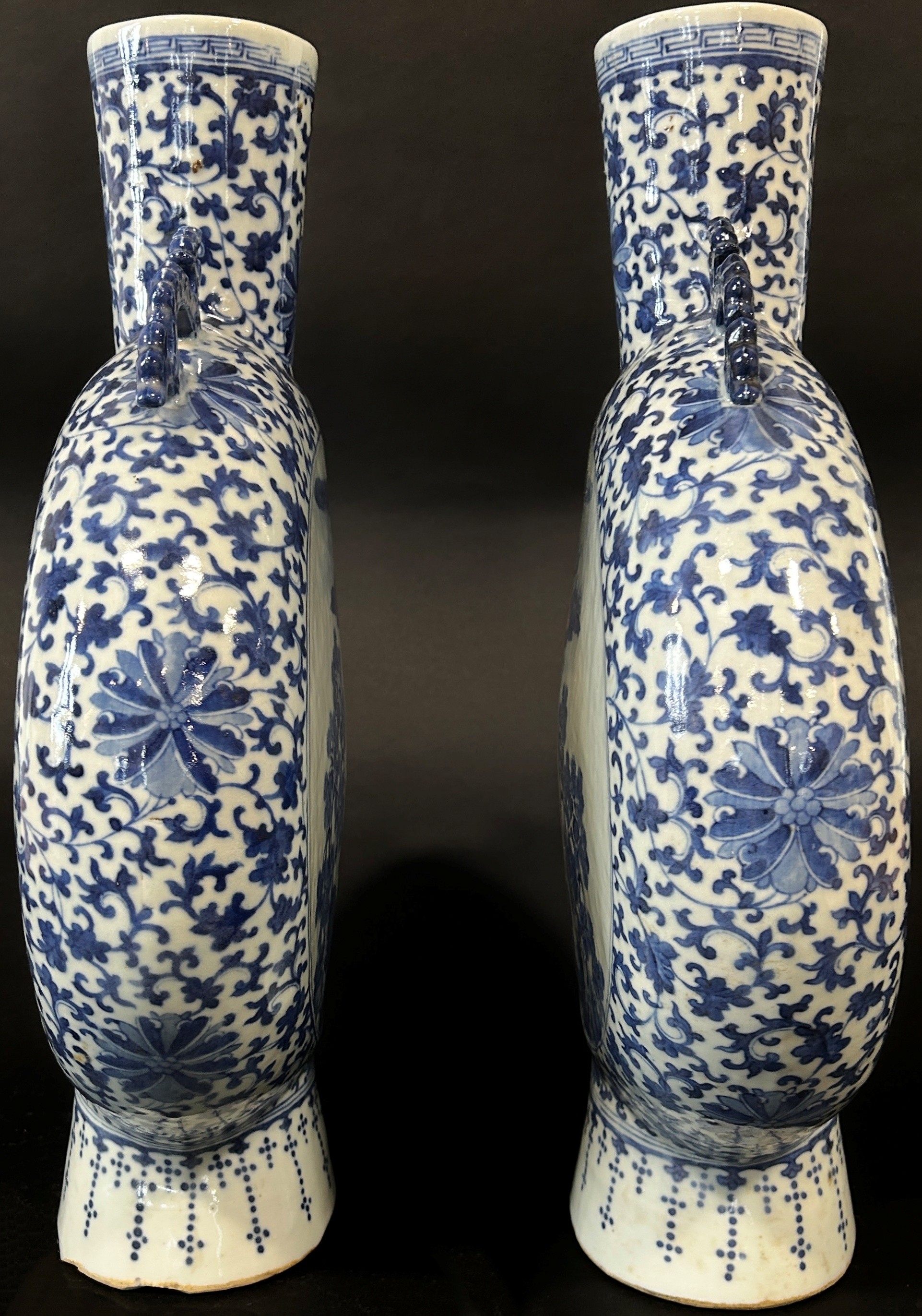 A pair of large blue and white Chinese moon flasks, Qing Dynasty showing characters in landscape - Image 3 of 4