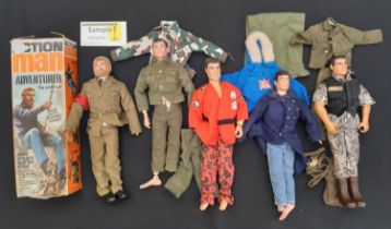 A large collection of Action Man figures and accessories including a box for Action Man Adventurer