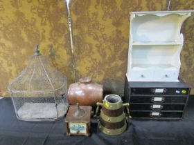 A salt glazed barrel and stand, a wirework cage, four tier filing box, teak and brass banded vase,