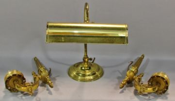 A pair of steel classical style two branch wall lights, a three glass panel star engraved hall