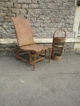 An Edwardian wicker conservatory chair with adjustable frame together with a wicker picnic stand