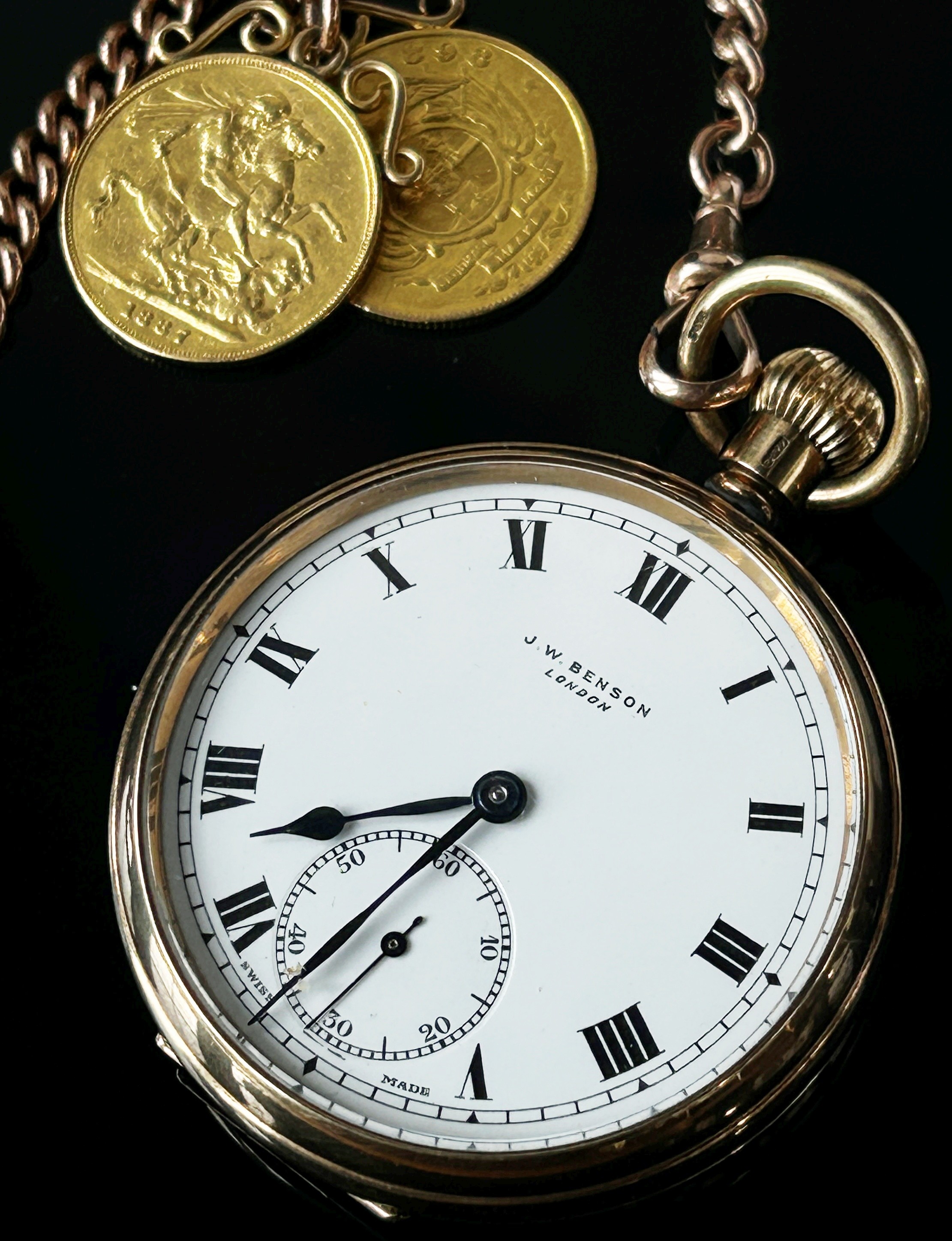 J.W Benson, London: A 9ct yellow gold cased fob watch, the white enamelled dial with black Roman - Image 3 of 8