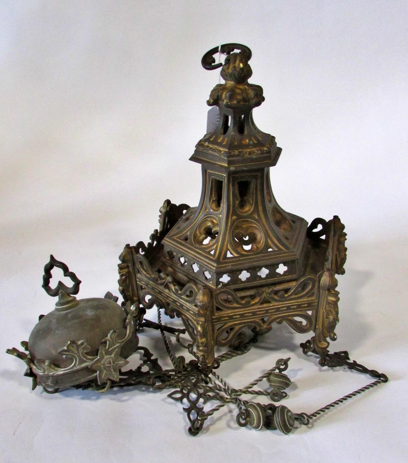 A 19th century heavy cast gilt metal ecclesiastical gothic ceiling light, with pierced and - Image 2 of 4