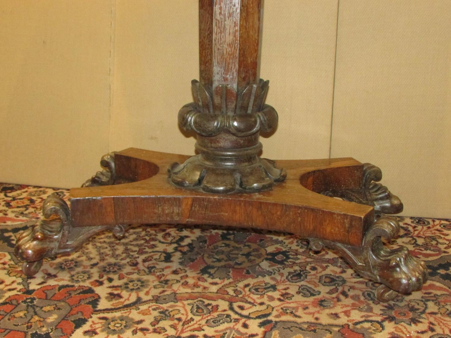 A Regency rose wood fold over top card table raised on an octagonal pillar with foliate column, - Image 2 of 4