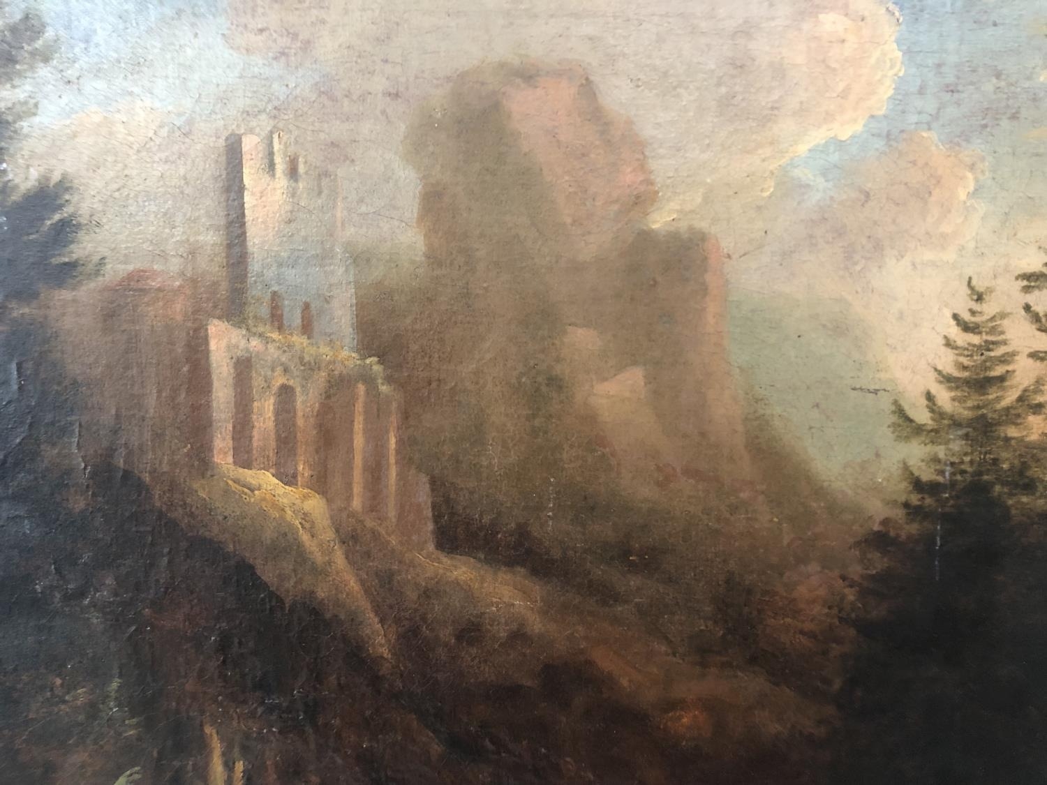 19th Century School - A romantic landscape with a figure in the foreground and ruined castle - Image 4 of 5