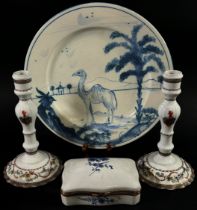 A hand-painted blue and white plate showing a camel in landscape for Coalfax and Fowler, a pair of
