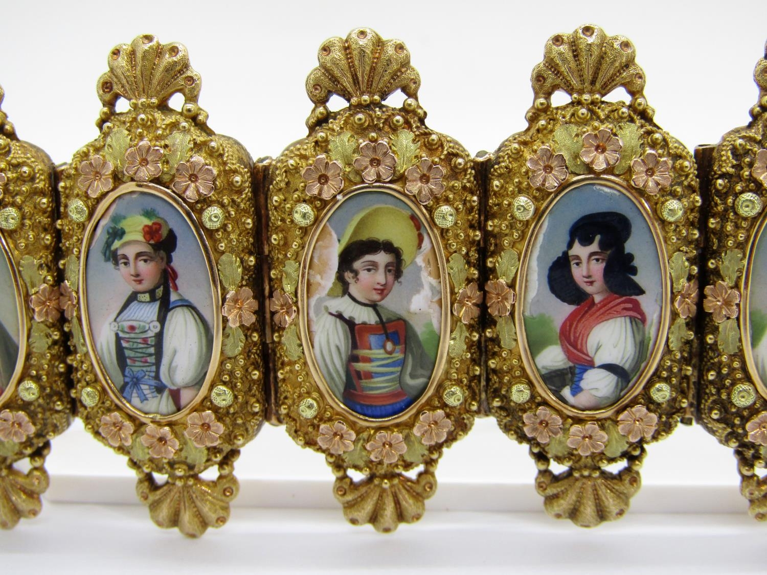 A fine 19th century Swiss gold and enamel portrait bracelet, formed of ten individual waist length - Image 5 of 14