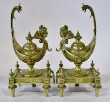 A large pair of 19th century brass dummy oil lamps (possibly ex-monumental fire side fender) in