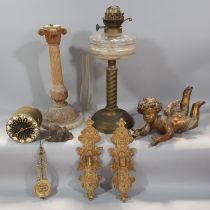 A decorative miscellaneous collection of items including, a gold flying cherub, two gilded wall